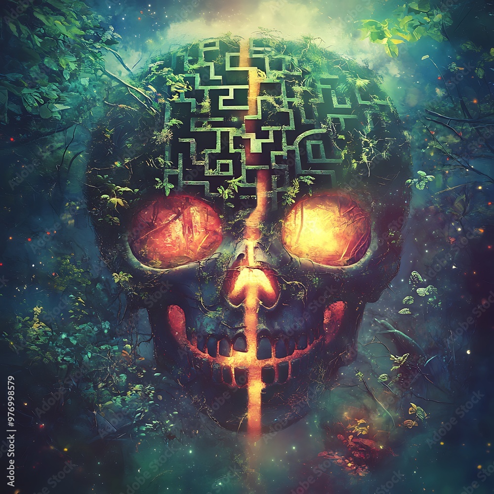 Poster Skull in a Forest with a Labyrinth.