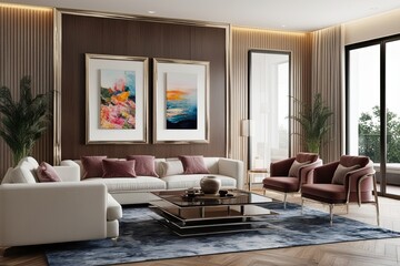 Contemporary Living Room Interior Design Mockup Featuring Polished Frame and Canvas Art Display