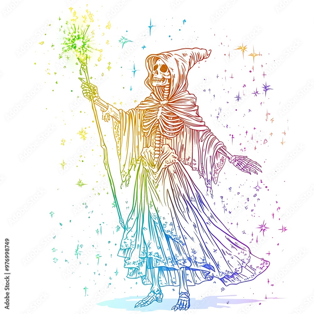 Poster Rainbow Skeleton Wizard with Magic Wand.