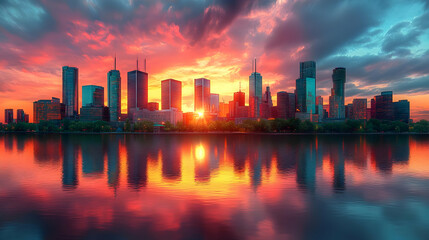 Fototapeta premium A vibrant sunset casts a warm glow over a modern cityscape reflected in the calm waters of a river.