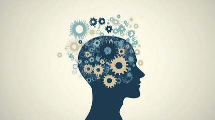 illustration of a silhouette profile head with gears and cogs within it representing mental engagement or creative thinking on a light background