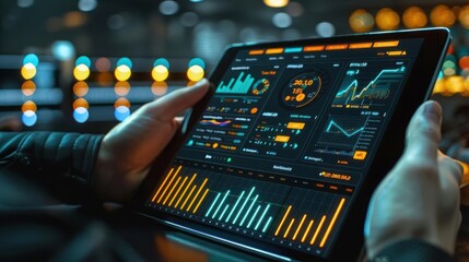 Close-up of hands holding a tablet displaying high-tech data analytics dashboard with graphs and charts in a futuristic setting.