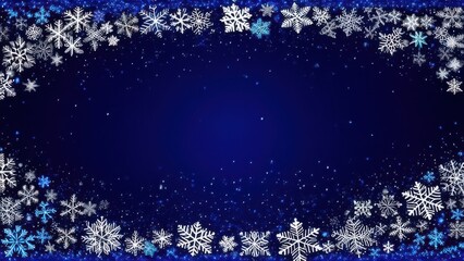Merry Christmas and Happy New Year festive design with border made of beautiful snowflakes in modern line art style. Winter dark blue background with falling snow. Xmas decoration