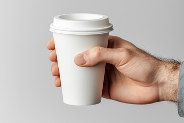 This mockup shows an isolated male hand holding a coffee paper cup on a light grey background.