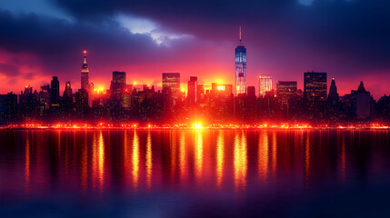 Fototapeta premium A vibrant sunset casts a warm glow over the New York City skyline, reflecting on the water.