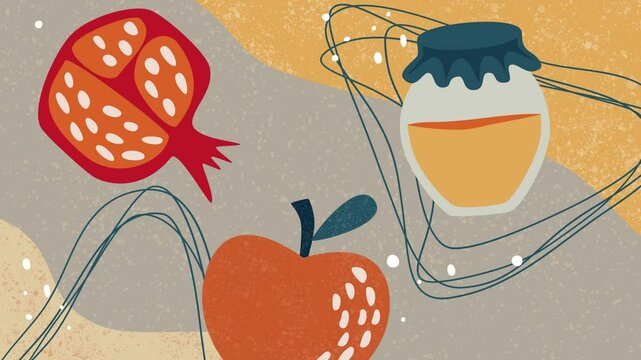 Animated boho-style background in 4K resolution, featuring traditional Rosh Hashanah symbol apple, pomegranate, and honey. 
Ideal for stock use in holiday-themed content.