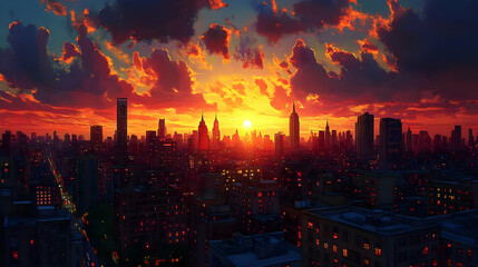 Fototapeta premium A vibrant sunset casts an orange glow over a city skyline, with buildings silhouetted against the fiery sky.