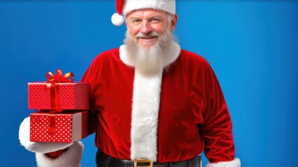 Close up shot of senior bearded man in santa clause outfit carrying gift boxes, isolated on blue background - christmas spirit, holiday mood
