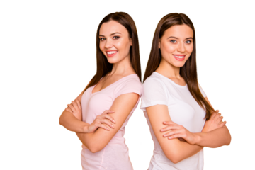 Portrait of nice-looking cute charming sweet winsome lovely attractive cheerful cheery straight-haired ladies standing back to back best pals isolated over bright vivid shine background