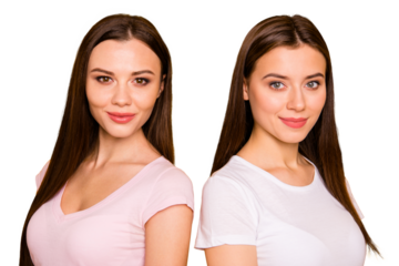 Close-up portrait of nice-looking cute charming sweet winsome lovely attractive cheerful cheery straight-haired ladies best fellows buddies isolated over bright vivid shine background