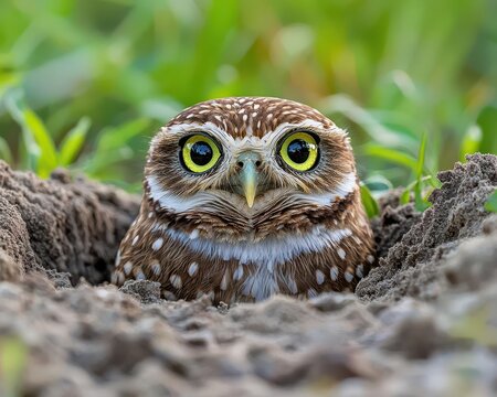 Funny burrowing owl tilting its head curiously outside its burrow in Florida, comical wildlife