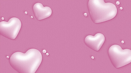 Pink background with grainy effect. Design with 3D hearts. Template for cover, banner, card. Retro Y2K wallpaper. Valentine's day, wedding, holiday design.