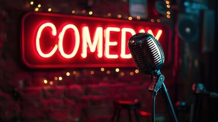 The comedy stage was illuminated by a spotlight, with a microphone and a red neon sign reading COMEDY.