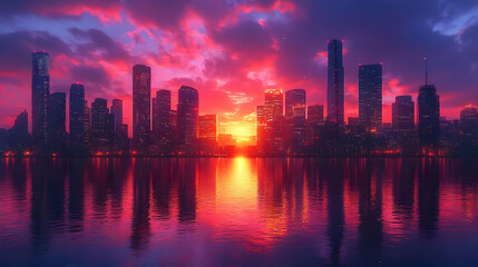 Obraz premium A vibrant sunset over a city skyline, with the sun setting behind the buildings and reflecting in the water.