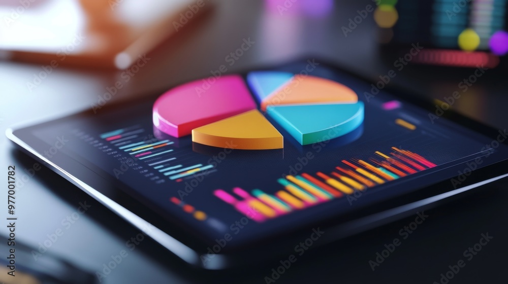 Fototapete A 3D pie chart displayed on a digital tablet screen, showing different data segments with vibrant colors and a clean, tech-focused environment.