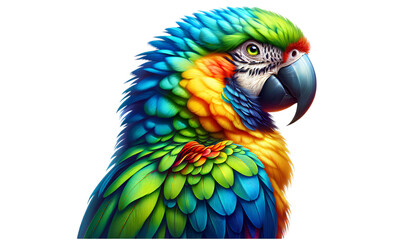 Obraz premium Rainbow Colored Parrot with Intricate Feathers, Intense Gaze, and Realistic Texture, Highlighting Its Bright Plumage Highly Detailed 3D Illustration of Vibrant Against a Clean White Background