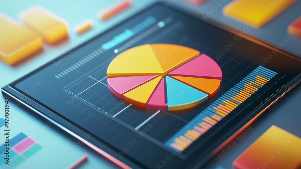 Poster A 3D pie chart displayed on a digital tablet screen, showing different data segments with vibrant colors and a clean, tech-focused environment.
