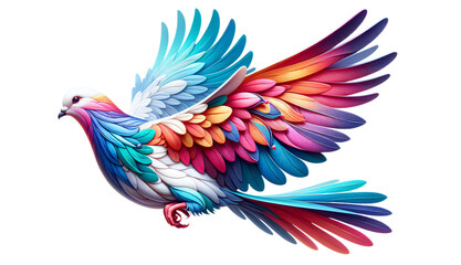 Fototapeta premium Beautiful Doves with Intricate Multicolored Feathers in Flight, Showcasing Vibrant Blues, Pinks, and Bright Tones Against a White Background in Elegant and Artistic Style