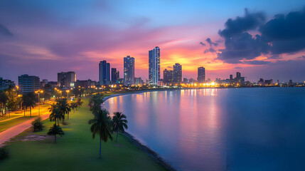 Fototapeta premium A vibrant sunset over a modern city skyline, with palm trees lining the waterfront and a calm, reflecting body of water in the foreground.