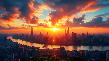 Naklejka premium A vibrant sunset over a modern cityscape with a river flowing through it.