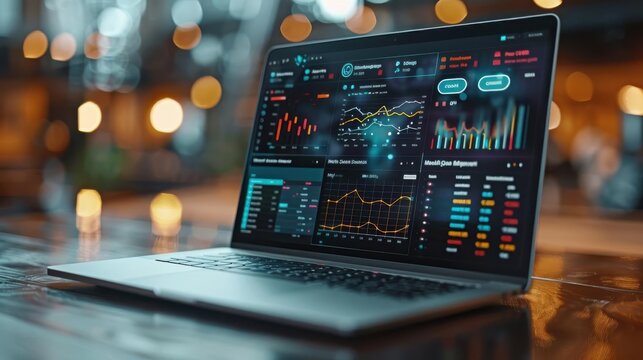 Open laptop displaying financial graphs and charts in a modern office setting with a bokeh background, showcasing data analysis. - Powered by Adobe