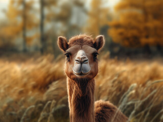 Obraz premium Camel, Camelus dromedarius, close up with warm tones in a desert scene