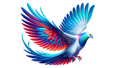 Obraz premium Graceful Multicolored Dove in Flight with Exquisite Feather Detail, Showcasing Bold Blues, Reds, and Pinks Vibrant 3D Illustration Against Clean White Background