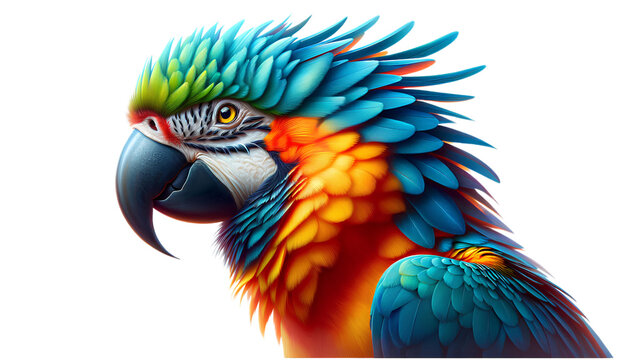 Rainbow Colored Parrot with Intricate Feathers, Intense Gaze, and Realistic Texture, Highlighting Its Bright Plumage Highly Detailed 3D Illustration of Vibrant Against a Clean White Background