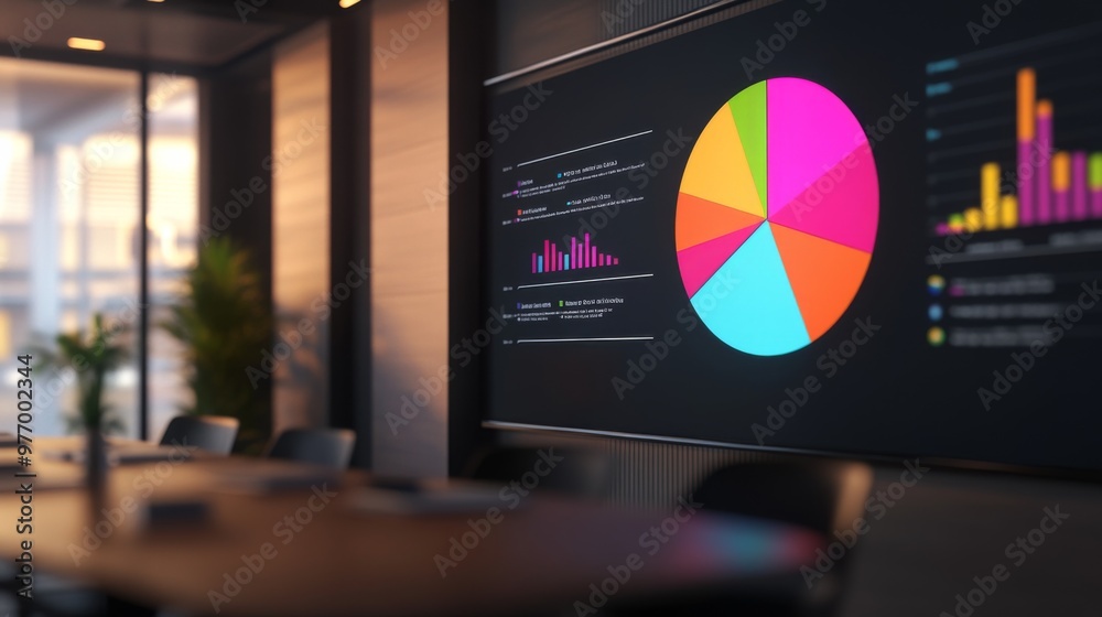 Poster a 3d pie chart visualizing market share data, with vibrant segments and percentages, displayed on a 
