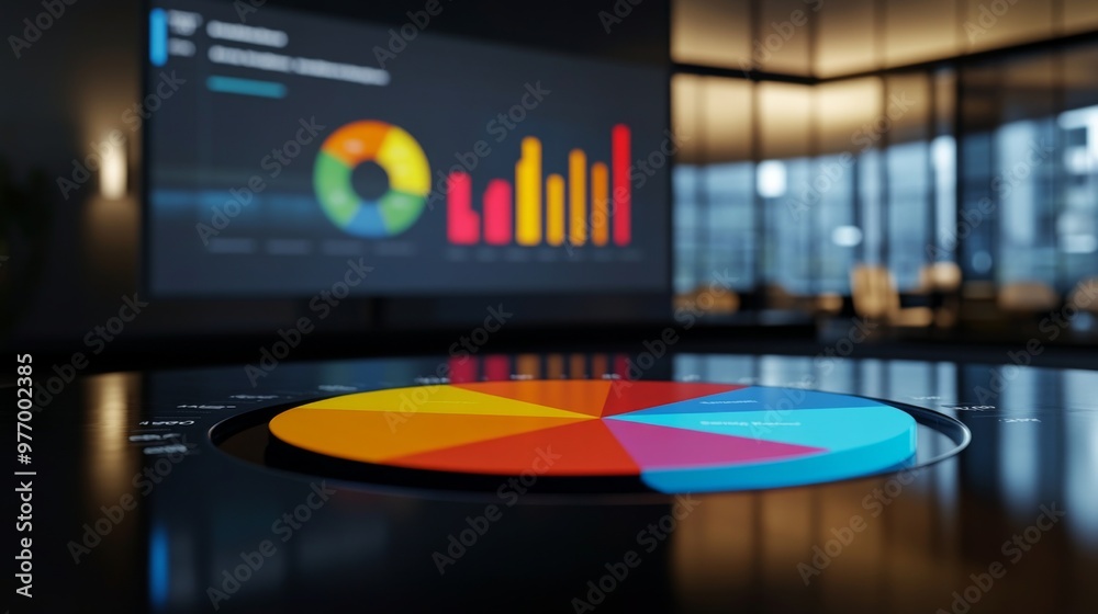Aufkleber a 3d pie chart visualizing market share data, with vibrant segments and percentages, displayed on a 
