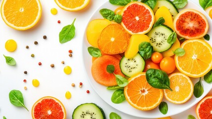 Fresh Citrus Fruits Salad with Spinach and Cucumber on White Background