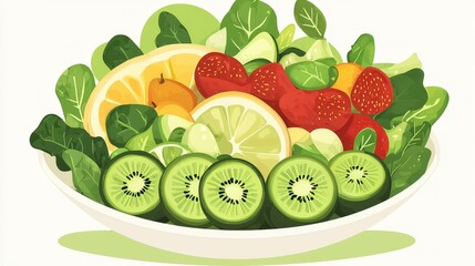 Naklejka premium Fresh Fruit Salad in Bowl with Kiwi Lemon Orange and Strawberry Slices