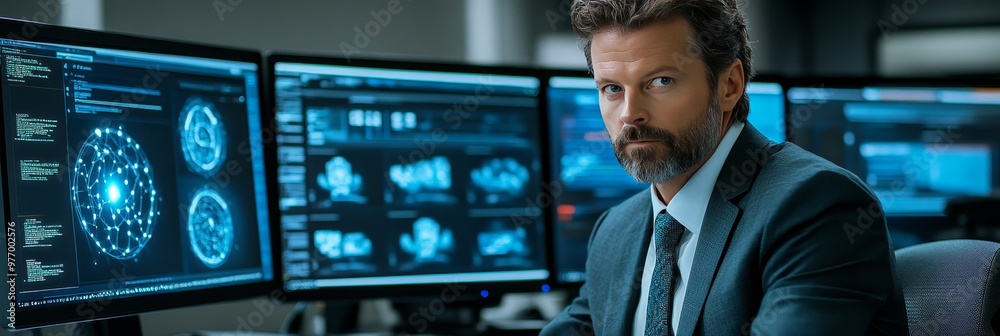 Poster cybersecurity analyst working late, monitoring multiple screens protecting data from ai threats