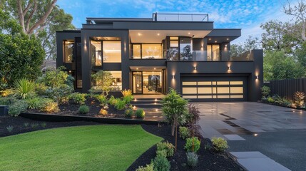 Modern Black House with Front Yard Landscape and Driveway