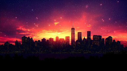 Fototapeta premium A vibrant sunset sky over a city skyline with twinkling lights and a starry night sky.