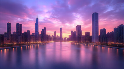 Fototapeta premium A vibrant, colorful sunset illuminates a modern city skyline with skyscrapers reflected in the water.