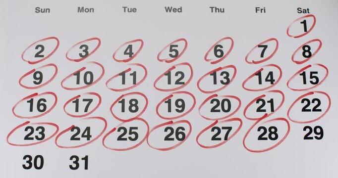 Close-up of a monthly calendar with red circles marking important dates. Each day is neatly highlighted in red, indicating specific reminders or events. Monthly Calendar Highlight