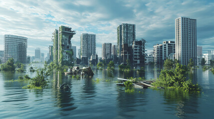 Fototapeta premium A depiction of the impact of climate change on urban green spaces with loss of parks and increased concrete areas.