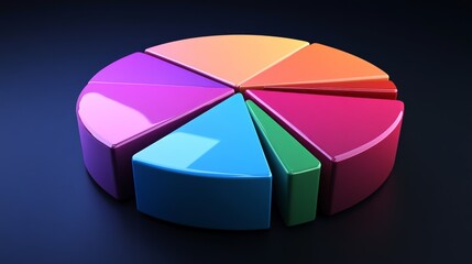 Obraz premium A 3D pie chart with multi-colored segments, including percentages and labels, set against a dark background to create a striking visual contrast.