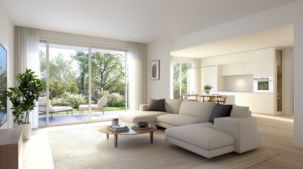 Fototapeta premium Modern Living Room Interior Design with Sectional Sofa and Garden View