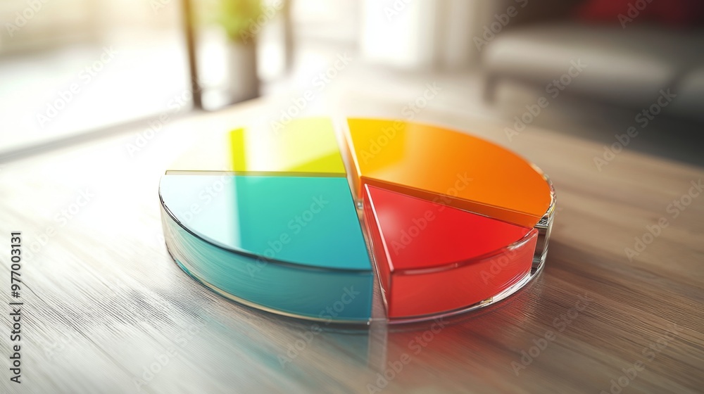 Poster a 3d pie chart with transparent slices and a floating effect, highlighting different data categories