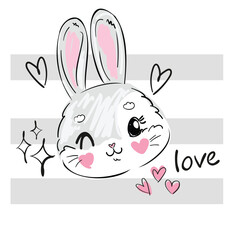 Hand Drawn Cute Bunny, kids print design rabbit. Vector