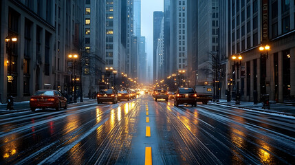 Fototapeta premium A view down a snow-covered city street at dusk. The street is wet and the light from the streetlights reflects off the snow. There are cars driving down the street.