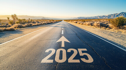 number 2025 written on a deserted road, new year concept