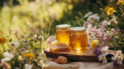 A beautiful arrangement of honey jars and honeycomb with a drizzle of honey on a wooden board, surrounded by fresh flowers and a clean, natural setting.