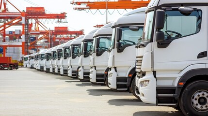Naklejka premium Row of White Semi Trucks at a Port