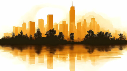 Obraz premium A watercolor cityscape silhouette with a reflection in the water.
