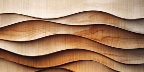 Abstract background with layered, flowing wooden waves in varying shades of beige and brown,...