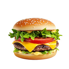 Delicious cheeseburger with lettuce, tomato, and sesame seed bun
