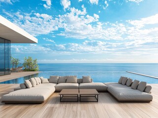 Fototapeta premium A modern design luxury beach house with sea view living room, outdoor dining area, and terrace near swimming pool. Ideal vacation house for big families.